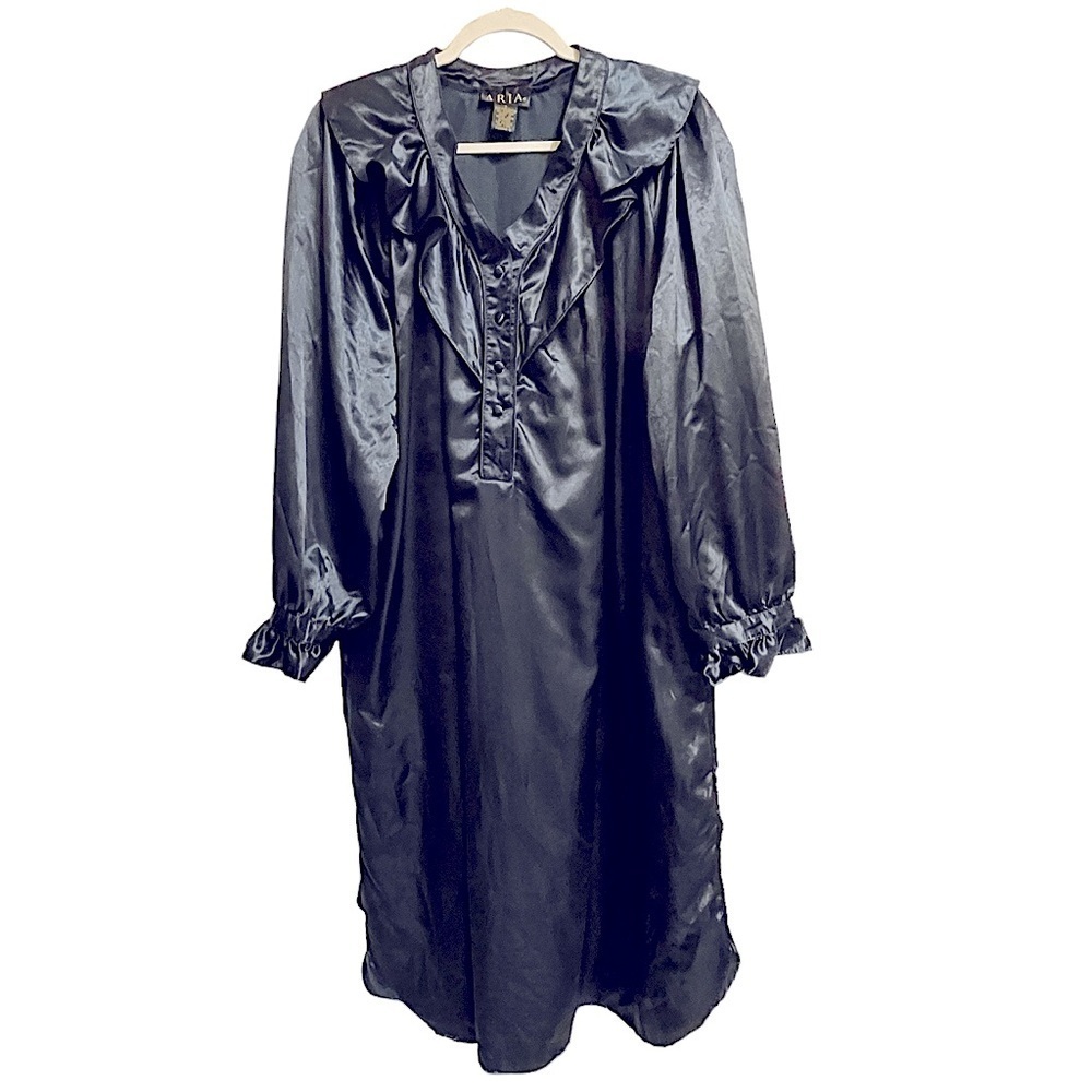 Aria Midnight Blue Flannel Back Satin Ruffled Long Sleeve Night Shirt Size Large